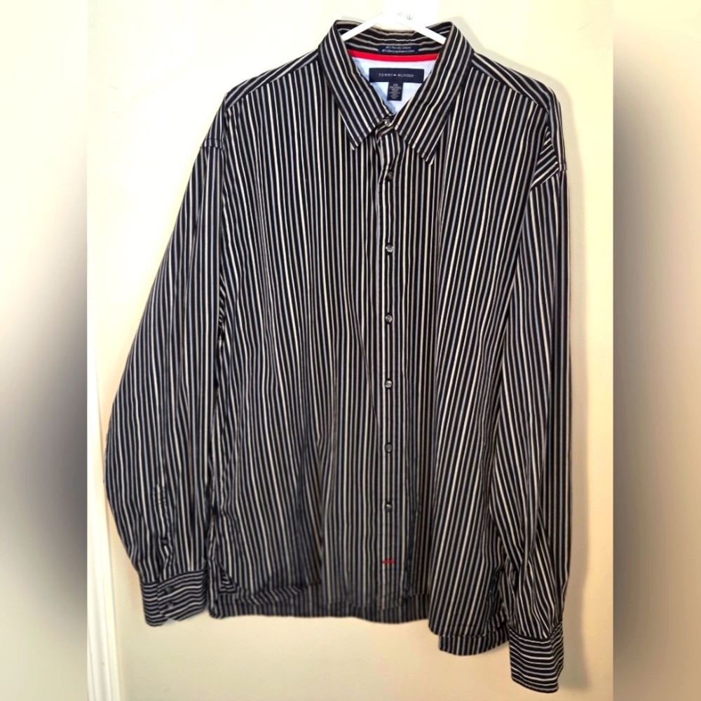 ⭐️Tommy Hilfiger Black and White Striped Men's Dress Shirt Size XXL